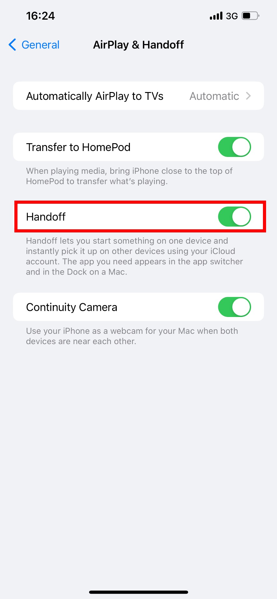 Réglages AirPlay & Handoff iOS avec "Handoff" surligné