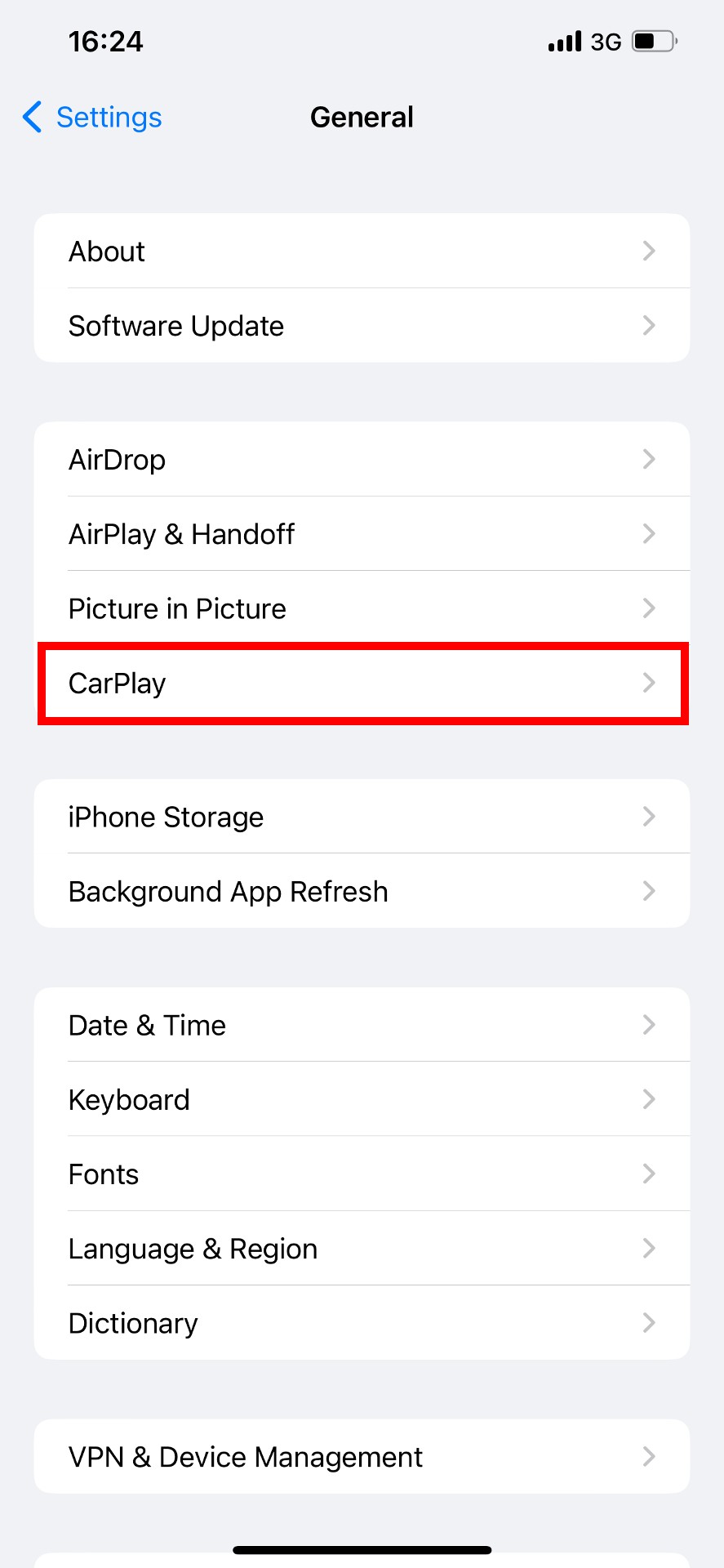 Configuraciones generales de iOS con "CarPlay" resaltado