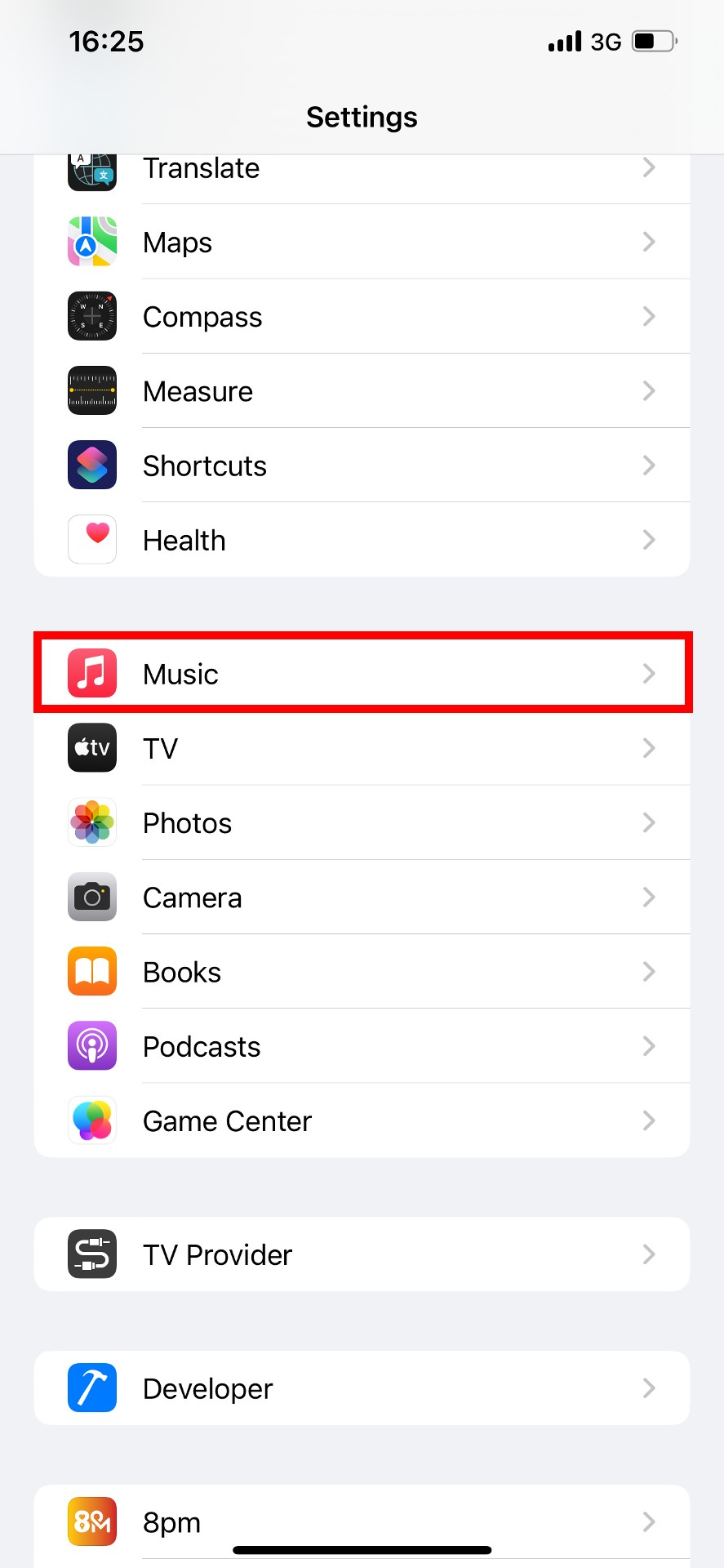 Réglages iOS avec "Musique" surligné