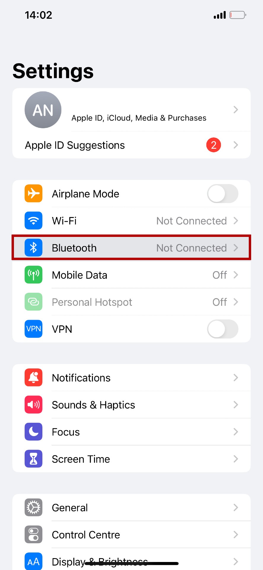 Página de Configurações do iOS