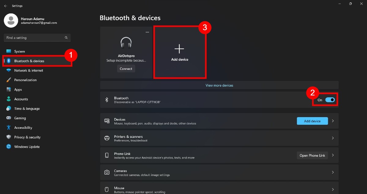 Configurações de Bluetooth e dispositivos do Windows