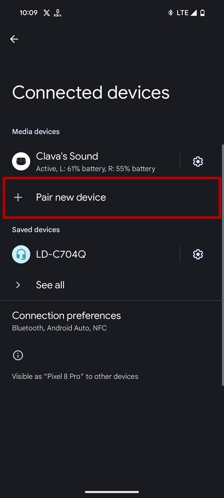 Google Pixel Bluetooth Settings page