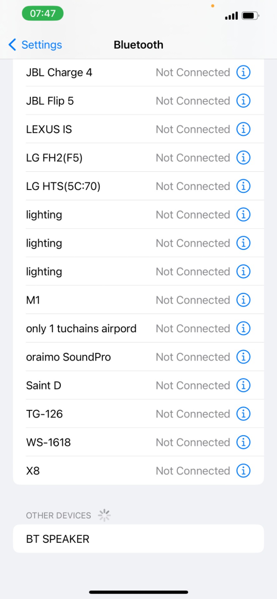 Página de configurações Bluetooth no iOS