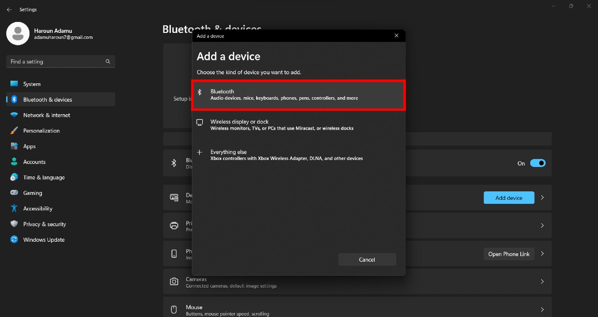 Página de adicionar um dispositivo Bluetooth