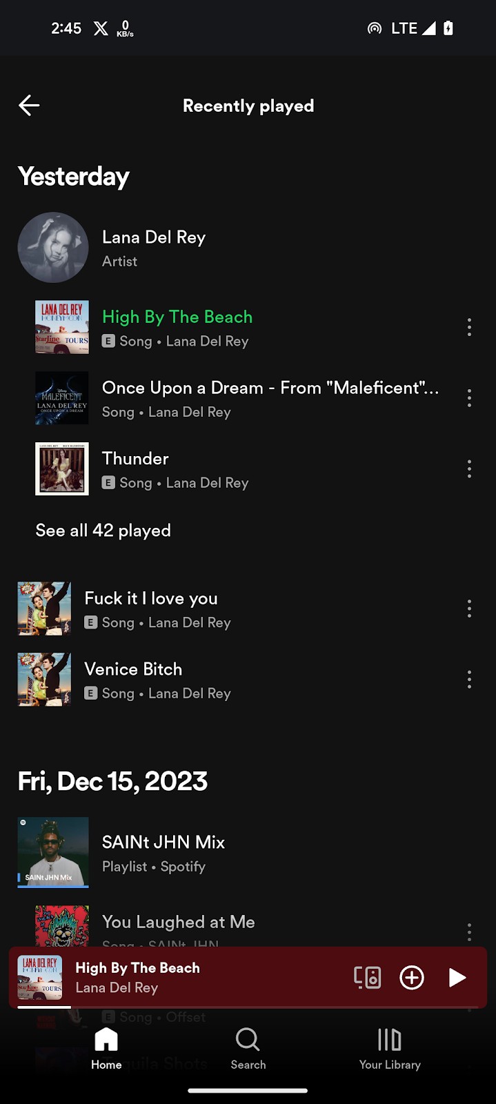 Histórico de audição do Spotify no móvel