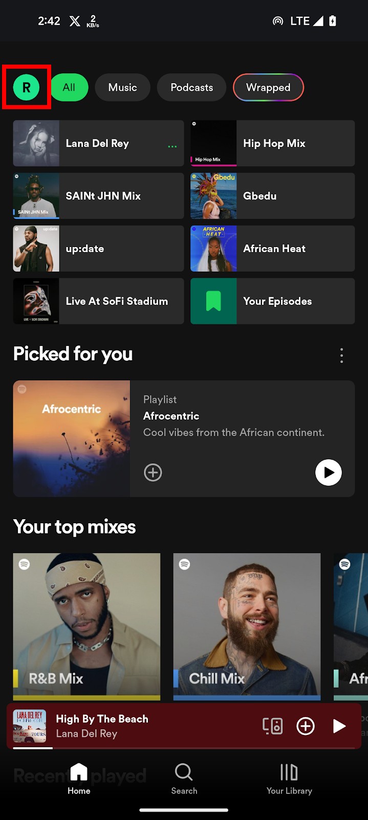 Page d'accueil Spotify sur mobile