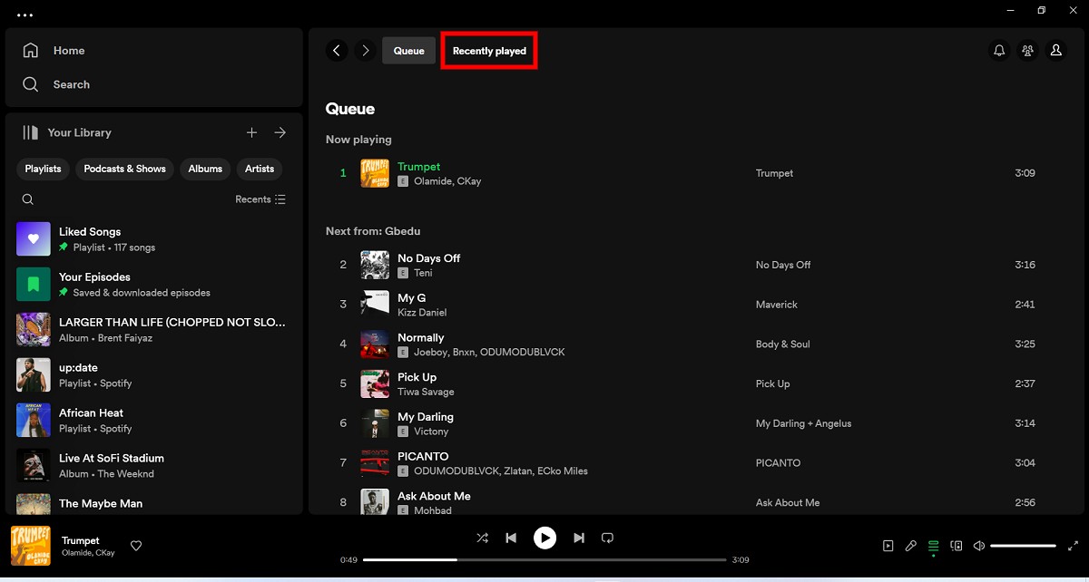 Spotify-Warteschlangen-Seite auf Desktop