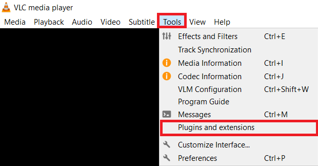 Menu de Ferramentas do VLC - Plugins e Extensões