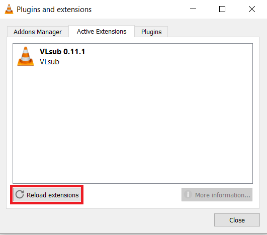 Menu Outils VLC - Plugins et Extensions - Recharger les Extensions