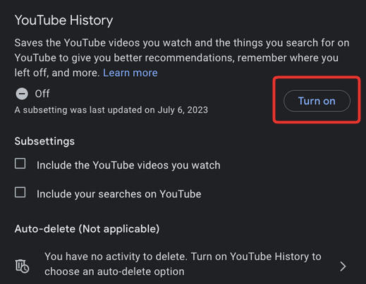 activar configuraciones del historial de youtube